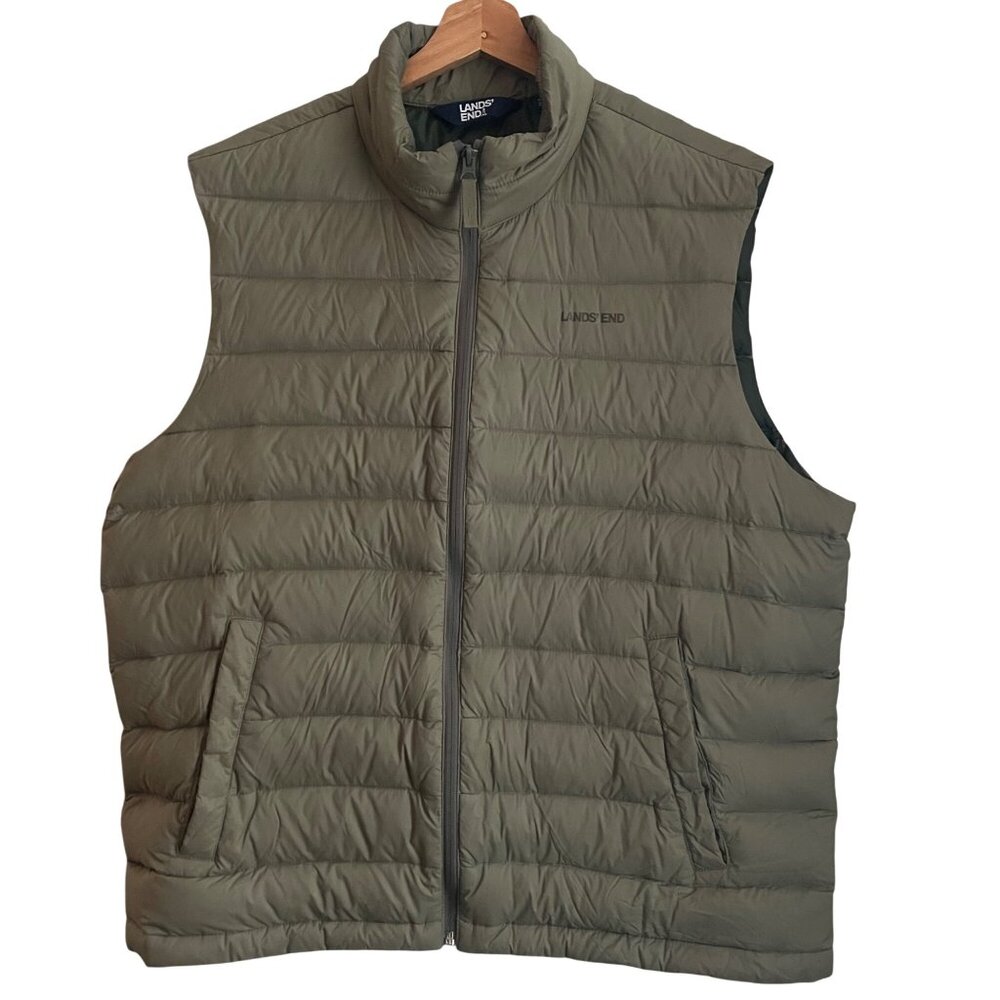 Lands End Men Down Puffer Vest XL Olive Green Outdoor Classic Insulated Gorpcore